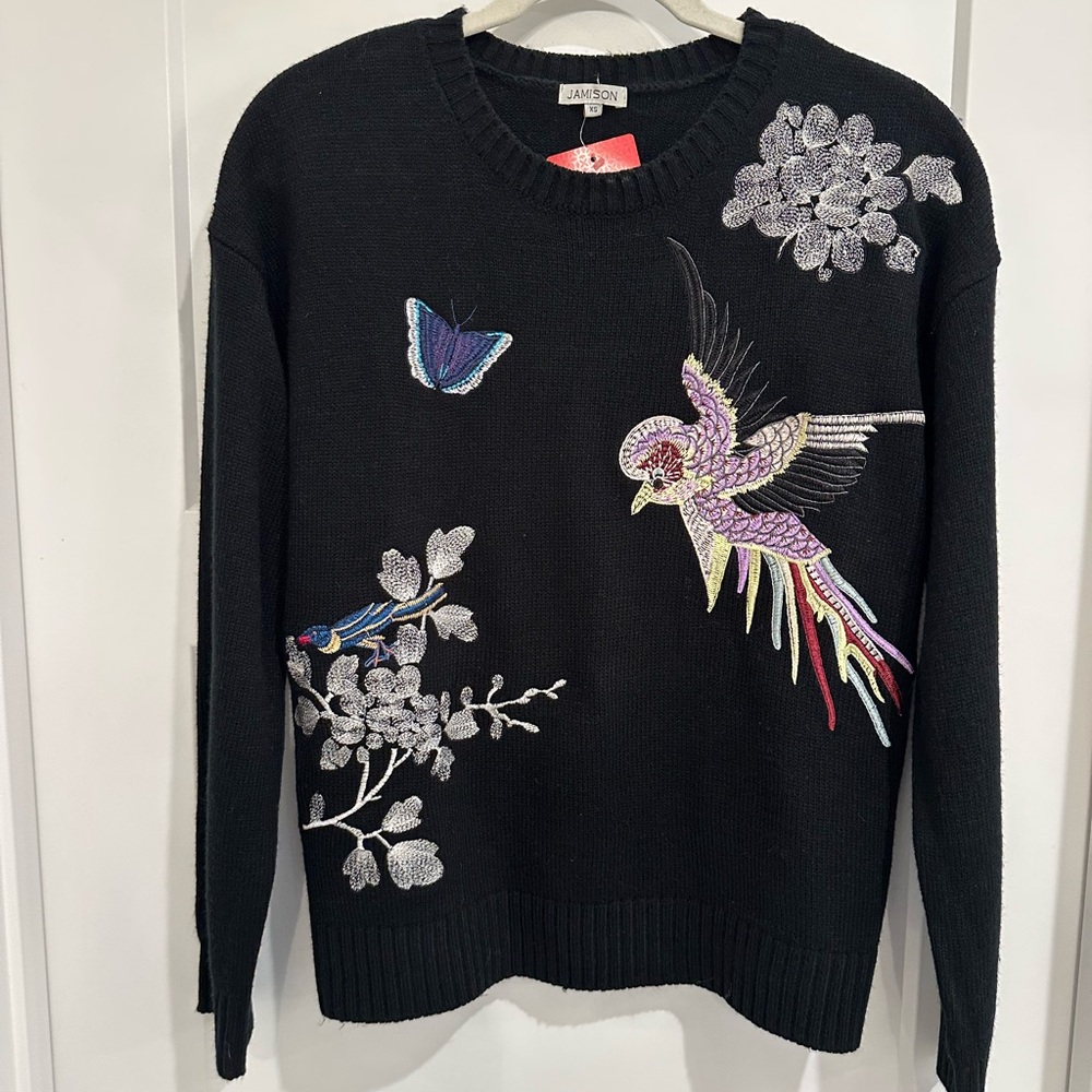 Evereve Jamison Black Sweater with Embroidery NWT